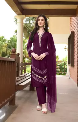 Violet embroidered art silk stitched straight cut  trouser kurta & dupatta  1