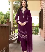 Violet embroidered art silk stitched straight cut  trouser kurta & dupatta 