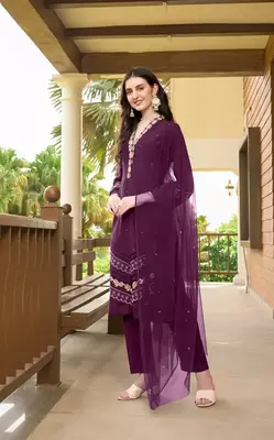 Violet embroidered art silk stitched straight cut  trouser kurta & dupatta  3