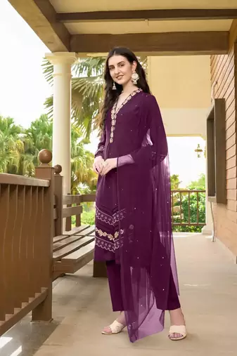 Violet embroidered art silk stitched straight cut  trouser kurta & dupatta 