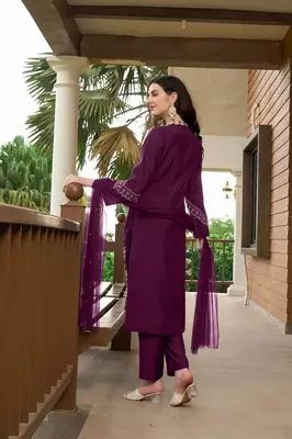 Violet embroidered art silk stitched straight cut  trouser kurta & dupatta  4