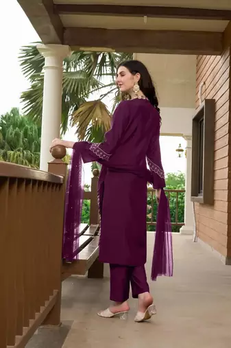 Violet embroidered art silk stitched straight cut  trouser kurta & dupatta 