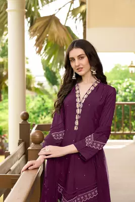 Violet embroidered art silk stitched straight cut  trouser kurta & dupatta  5
