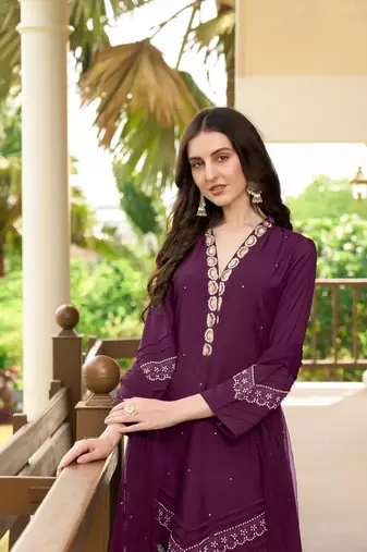 Violet embroidered art silk stitched straight cut  trouser kurta & dupatta 