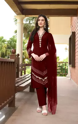 Maroon embroidered art silk stitched straight cut  trouser kurta & dupatta  1