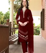 Maroon embroidered art silk stitched straight cut  trouser kurta & dupatta 