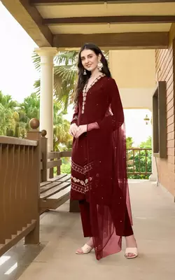 Maroon embroidered art silk stitched straight cut  trouser kurta & dupatta  3