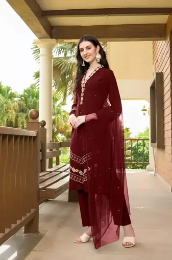 Maroon embroidered art silk stitched straight cut  trouser kurta & dupatta 