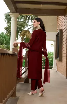 Maroon embroidered art silk stitched straight cut  trouser kurta & dupatta  4