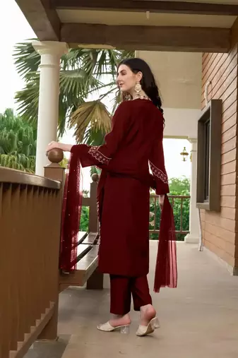 Maroon embroidered art silk stitched straight cut  trouser kurta & dupatta 