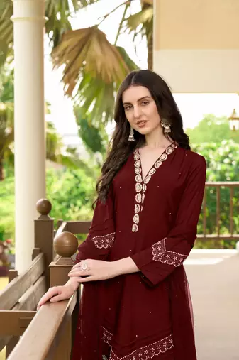 Maroon embroidered art silk stitched straight cut  trouser kurta & dupatta 