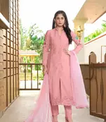 Light-pink embroidered art silk stitched straight cut  trouser kurta & dupatta 