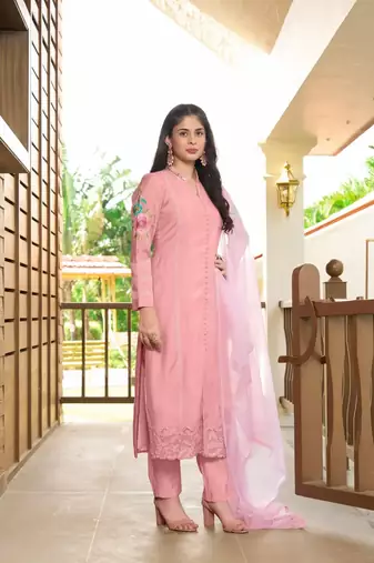 Light-pink embroidered art silk stitched straight cut  trouser kurta & dupatta 