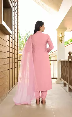 Light-pink embroidered art silk stitched straight cut  trouser kurta & dupatta  4