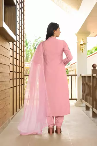 Light-pink embroidered art silk stitched straight cut  trouser kurta & dupatta 
