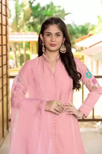 Light-pink embroidered art silk stitched straight cut  trouser kurta & dupatta 