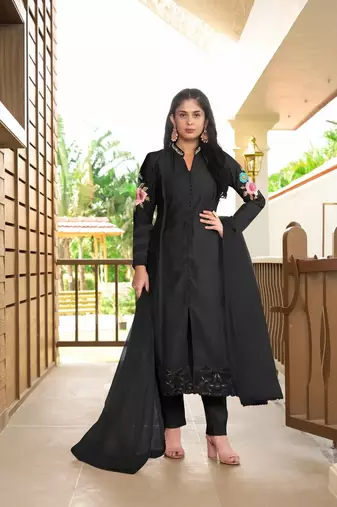 Black embroidered art silk stitched straight cut  trouser kurta & dupatta 