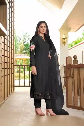 Black embroidered art silk stitched straight cut  trouser kurta & dupatta 