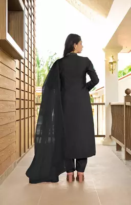 Black embroidered art silk stitched straight cut  trouser kurta & dupatta  4