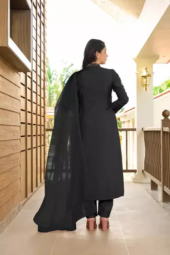 Black embroidered art silk stitched straight cut  trouser kurta & dupatta 