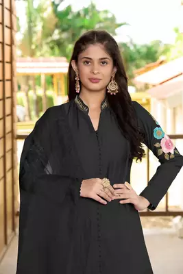 Black embroidered art silk stitched straight cut  trouser kurta & dupatta  5