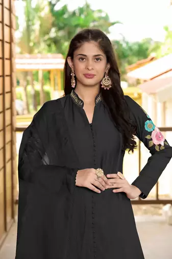 Black embroidered art silk stitched straight cut  trouser kurta & dupatta 