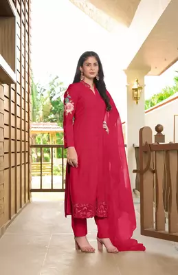 Pink embroidered art silk stitched straight cut  trouser kurta & dupatta  3