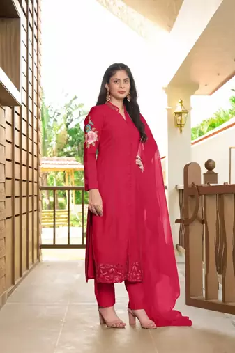 Pink embroidered art silk stitched straight cut  trouser kurta & dupatta 