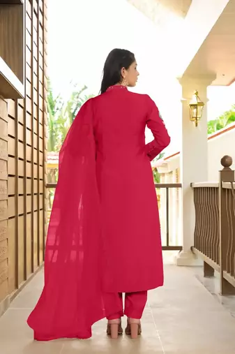 Pink embroidered art silk stitched straight cut  trouser kurta & dupatta 