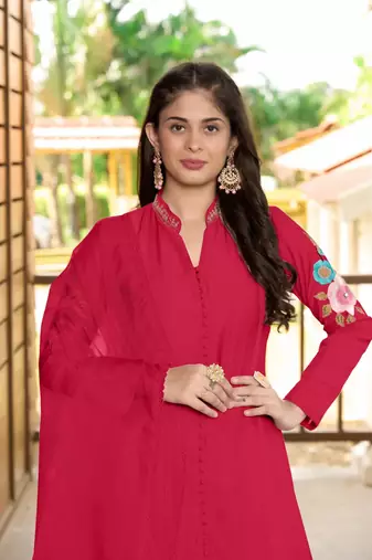 Pink embroidered art silk stitched straight cut  trouser kurta & dupatta 