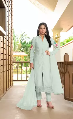 Light-green embroidered art silk stitched straight cut  trouser kurta & dupatta  1