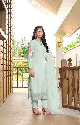 Light-green embroidered art silk stitched straight cut  trouser kurta & dupatta  3