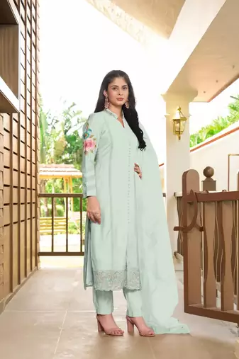 Light-green embroidered art silk stitched straight cut  trouser kurta & dupatta 