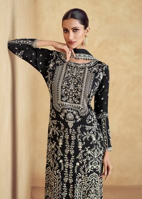 Black embroidered chinon free size pant style salwar suit 1