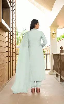 Light-green embroidered art silk stitched straight cut  trouser kurta & dupatta  4
