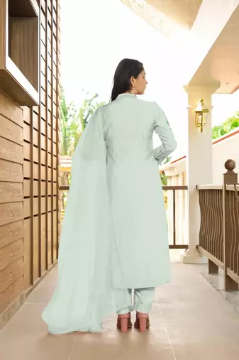 Light-green embroidered art silk stitched straight cut  trouser kurta & dupatta 