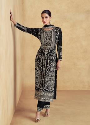 Black embroidered chinon free size pant style salwar suit 2