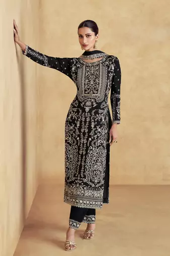 Black embroidered chinon free size pant style salwar suit