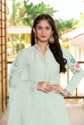 Light-green embroidered art silk stitched straight cut  trouser kurta & dupatta  5
