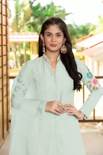 Light-green embroidered art silk stitched straight cut  trouser kurta & dupatta 