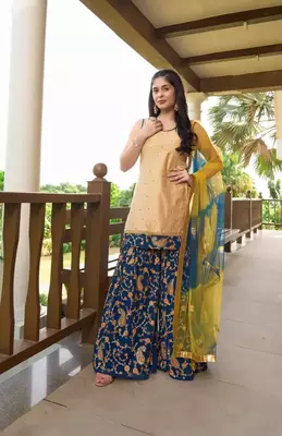 Beige embroidered cotton silk stitched straight cut  sharara kurta & dupatta  1