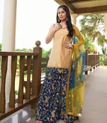 Beige embroidered cotton silk stitched straight cut  sharara kurta & dupatta 