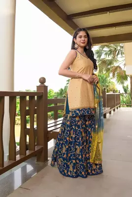 Beige embroidered cotton silk stitched straight cut  sharara kurta & dupatta  3
