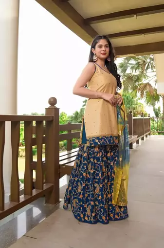 Beige embroidered cotton silk stitched straight cut  sharara kurta & dupatta 
