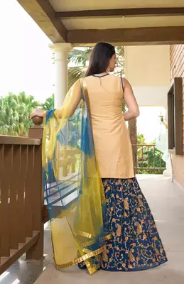 Beige embroidered cotton silk stitched straight cut  sharara kurta & dupatta  4