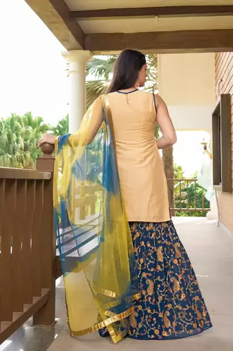 Beige embroidered cotton silk stitched straight cut  sharara kurta & dupatta 
