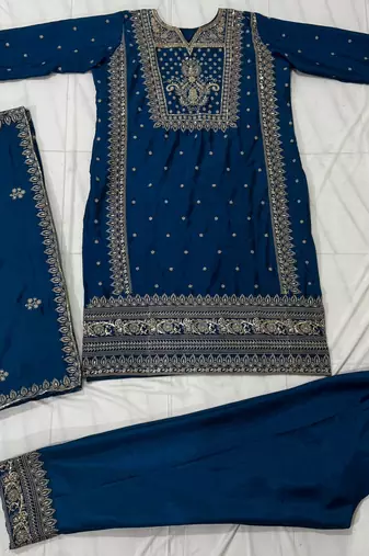Blue Chinon Pant Salwar Suit