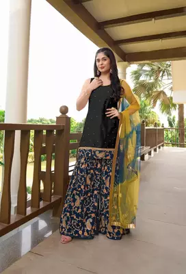 Black embroidered cotton silk stitched straight cut  sharara kurta & dupatta  1