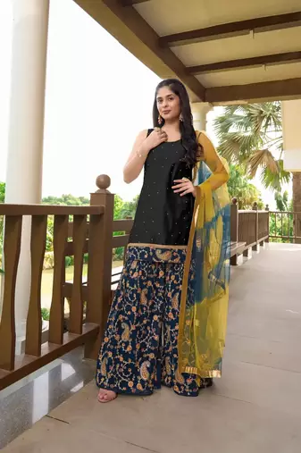 Black embroidered cotton silk stitched straight cut  sharara kurta & dupatta 