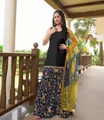 Black embroidered cotton silk stitched straight cut  sharara kurta & dupatta 